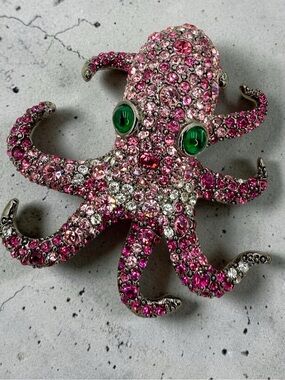 KJL Atlantis Pink Rhinestone Octopus Brooch Book Piece Signed Kenneth Jay Lane